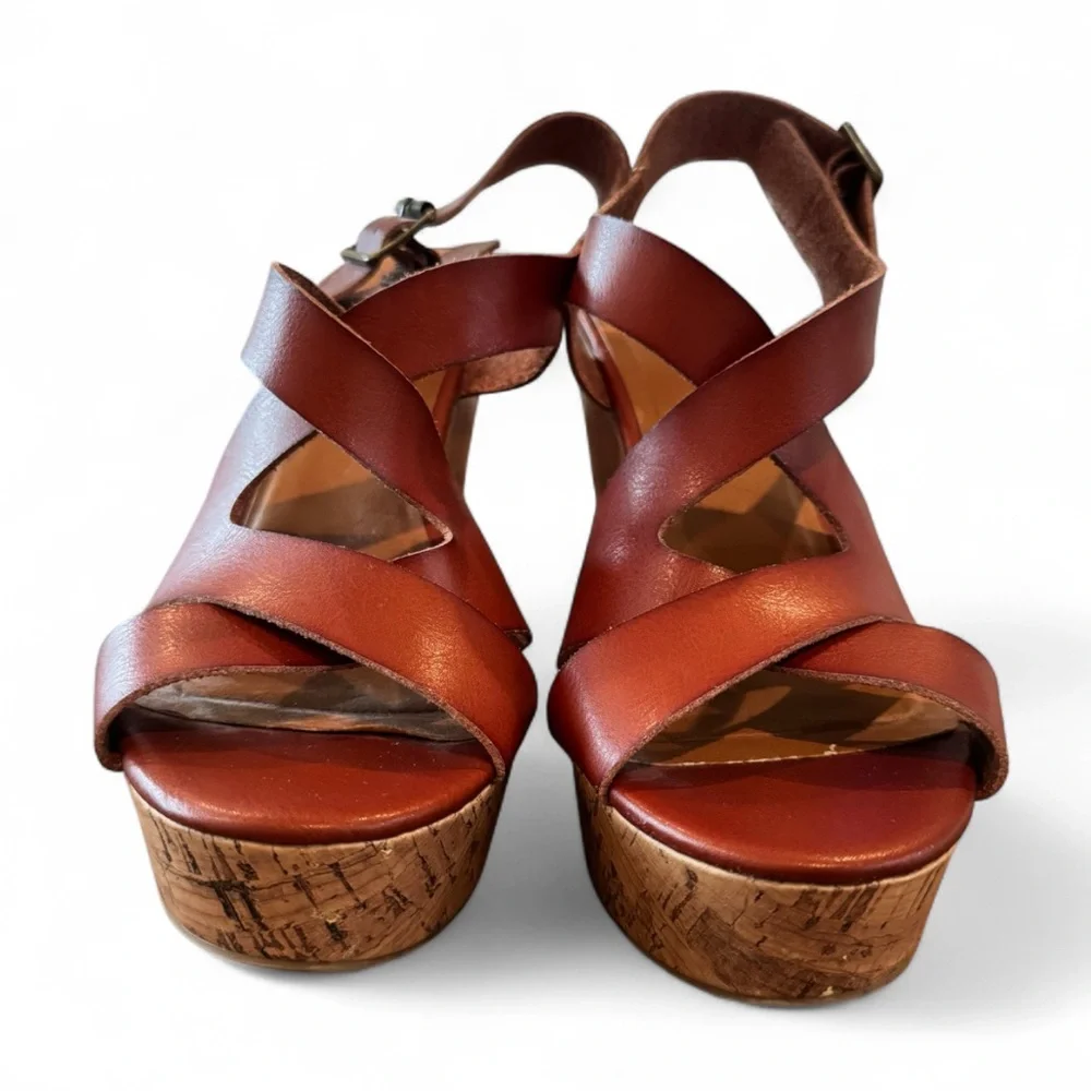 Mossimo Supply Co Brown Strappy Platform Wedge Sandals Size 11 Boho Cork Heel